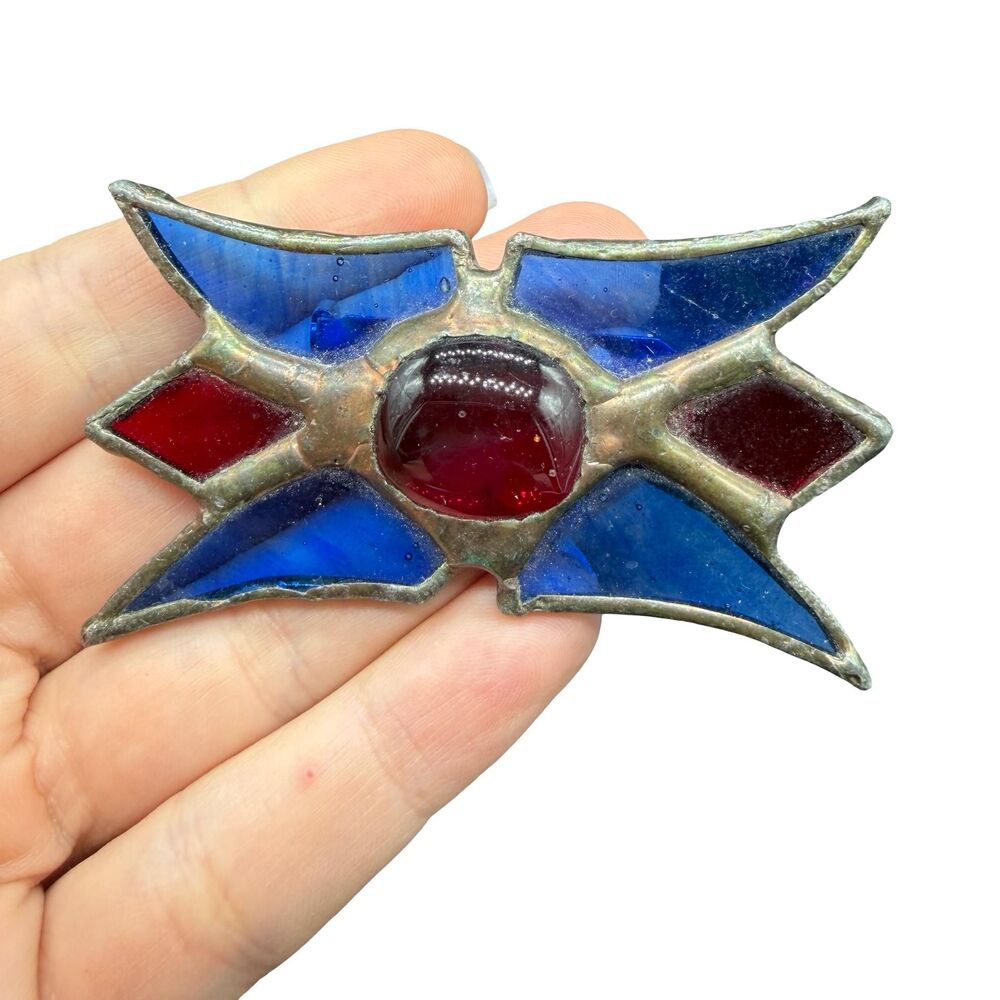 Vintage red and blue stained glass brooch unique pin